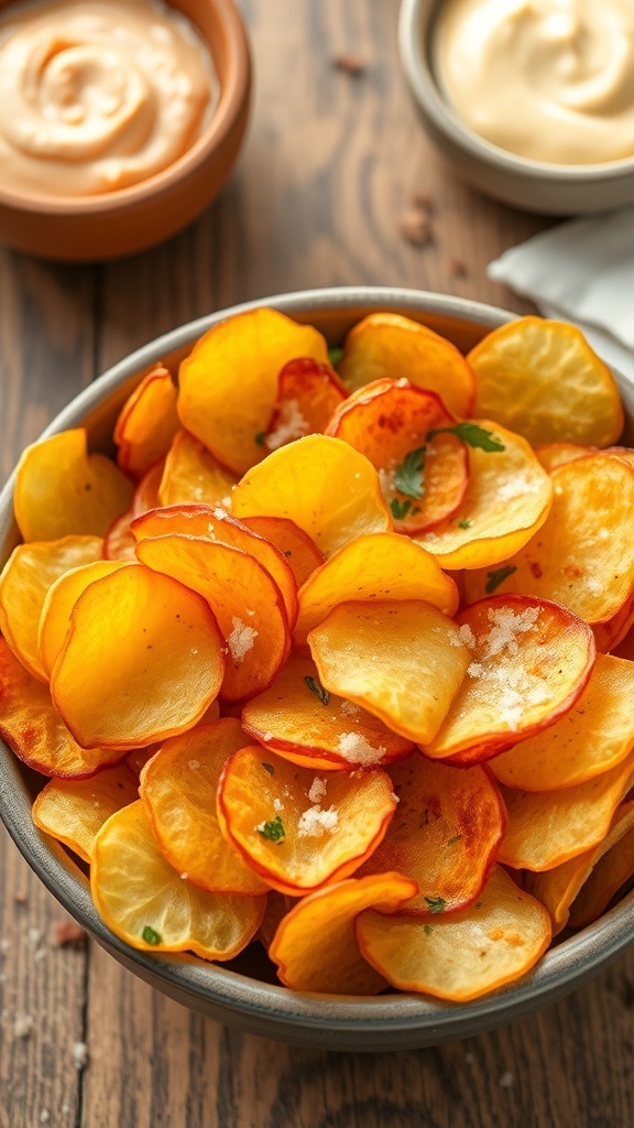 A bowl of crispy homemade potato chips seasoned with salt and herbs, with a dip on a wooden table.